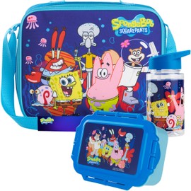 Get Trend Spongebob Squarepants Water Bottle Lunch Bag and Lunch Box Kids Set 3 Pcs School Supplies Bento Snack Box BPA Free Leakproof for Travel (Blue Spongebob)