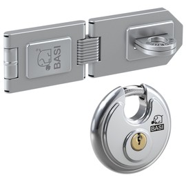 BASI Safety Hasp with Stainless Steel Round Shackle Lock | Joint Hasp for Opening Doors | Galvanised Weatherproof | Silver