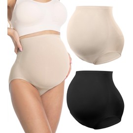 HOFISH Damen Umstandsunterwäsche, hochgeschnitten, nahtlos und stützend, Schwangerschaftsformwäsche über dem Bauch, 2er-Pack, Schwarz und Beige, Größe XL