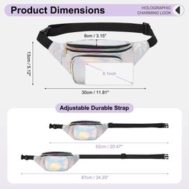 DTGN Holographic Fanny Pack for Women, Cute Waist Belt Bag, Crossbody Bag 3-Pocket Water Resistant Fashion Small Bum Bag with Adjustable Belt for Running Hiking Shiny White