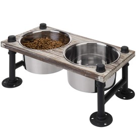 MyGift Torched Wood Raised Dog Bowls for Medium Dogs - Wooden Pet Feeder Station with 2 Stainless Steel Bowls and Industrial Metal Legs
