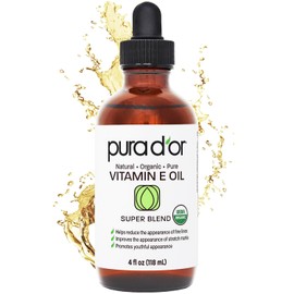 PURA DOR Organic Vitamin E Oil (4oz  118mL) 70,000 IU 100 Pure Natural USDA Organic For Skin Face Hexane Free wSweet Almond, Apricot, Jojoba, Argan,  