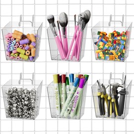 Large Grid Wall Bins - 6Pack Clear Gridwall Accessories Hanging Cups with Back Hooks - Plastic Grid Wall Panels Organizers Wire Shelves Holders for Garage Garden Craft Office Tools Storage