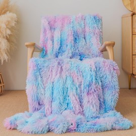 Extra Soft Faux Fur Throw Blanket 50"x60" - Reversible Fluffy Shaggy Double Layer Plush for Couch Sofa Bed, Solid Fuzzy Long Hair Microfiber Comfy Decorative Cozy, Tie Dye Blue