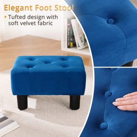 LUE BONA Small Foot Stool Ottoman, Velvet Tufted Footrest with Plastic Legs, 9''H, Rectangle Foot Stools for Adult with Non-Slip Pads, Footstool for Living Room,Couch, Navy Blue