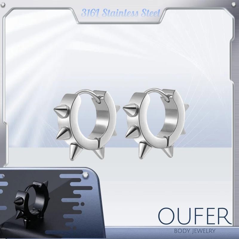Oufer Stainless Steel Spike Hoop Earring - Color: Silver