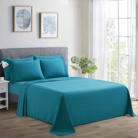 Marina Decoration Ultra Soft Silky Deep Pocket Solid Rayon from Bamboo All Season 6 Pieces Sheet Set with 4 Pillowcases, Teal Color King Size