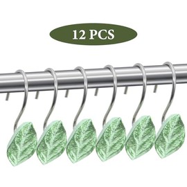 12 ganchos de cortina de ducha de hojas, color verde para decoración de baño, cortina de ducha, anillos de cortina de ducha a prueba de óxido, ganchos de cortina de hojas realistas para baño, sala de