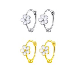 Hinvan 2 Pairs 925 Sterling Silver Earrings Flower Hoop Earrings Huggie Tiny Silver Hoops Earrings Gold Earrings Hypoallergenic Small Floral Daisy Silver Earrings for Women Girls