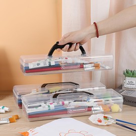 BTSKY 3 Pack Clear Plastic Painting Brush Container with Black Handle, Portable Long Paintbrush Case, Drawing Tools Storage Box, Practical Art Supply Organizer for Artist Crafters, 13.2"x3.5"x2.4"