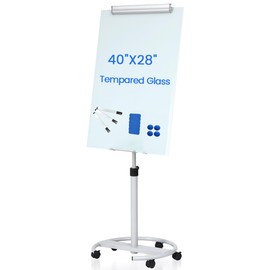 Rolling Writeboard Premium Tempered Magnetic Glass Whiteboard 40"x28" Rolling Dry Erase Board with Tempered Glass Surface Adjustable Height Multi-Use Standing (White)