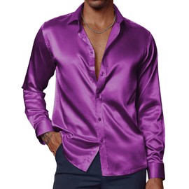 PJ PAUL JONES Mens Purple Satin Dress Shirts Silk Like Long Sleeve Button Up Shirts Mardi Gras L