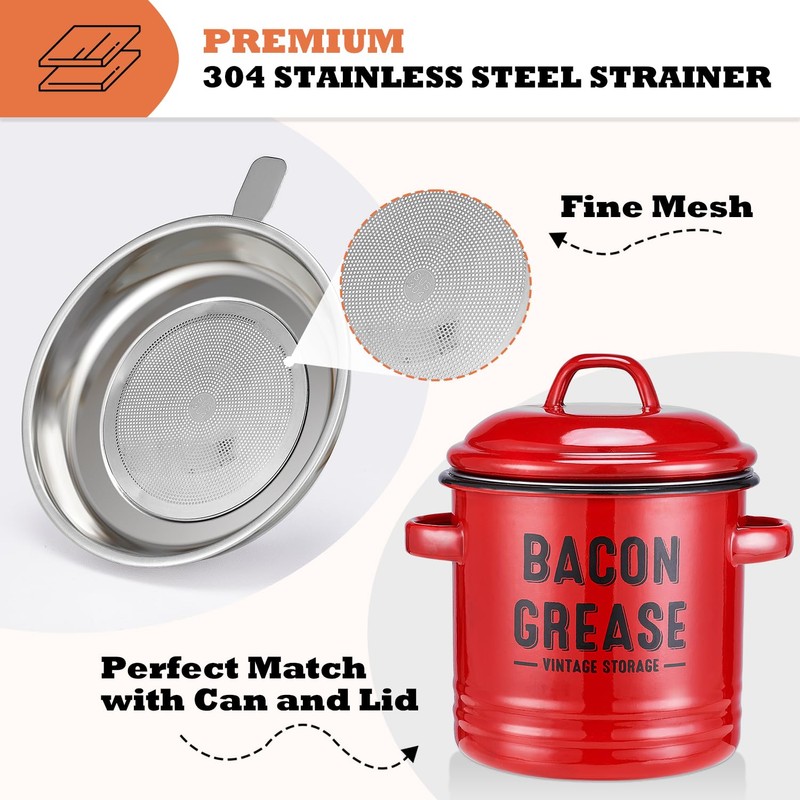 ONEARF Bacon Grease Container with Strainer - Large 46OZ Red