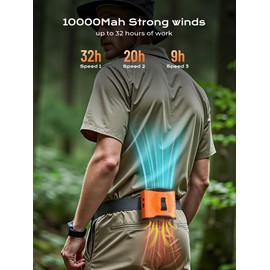 Portable Waist Fan Clip On, 4 Speeds 13000RPM Strong Airflow with 10000mAh Battery & Mobile Charging, Wearable Shirt Fan for Neck with SOS Light, LCD Display, Type-C Fast Charge, Outdoor Trave-Black