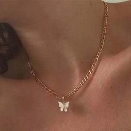 TseenYi Butterfly Pendant Necklace Punk Gold Butterfly Choker Necklace Chunky Paperclip Chain Necklace Small Butterfly Necklace Chain Jewelry for Women and Girls