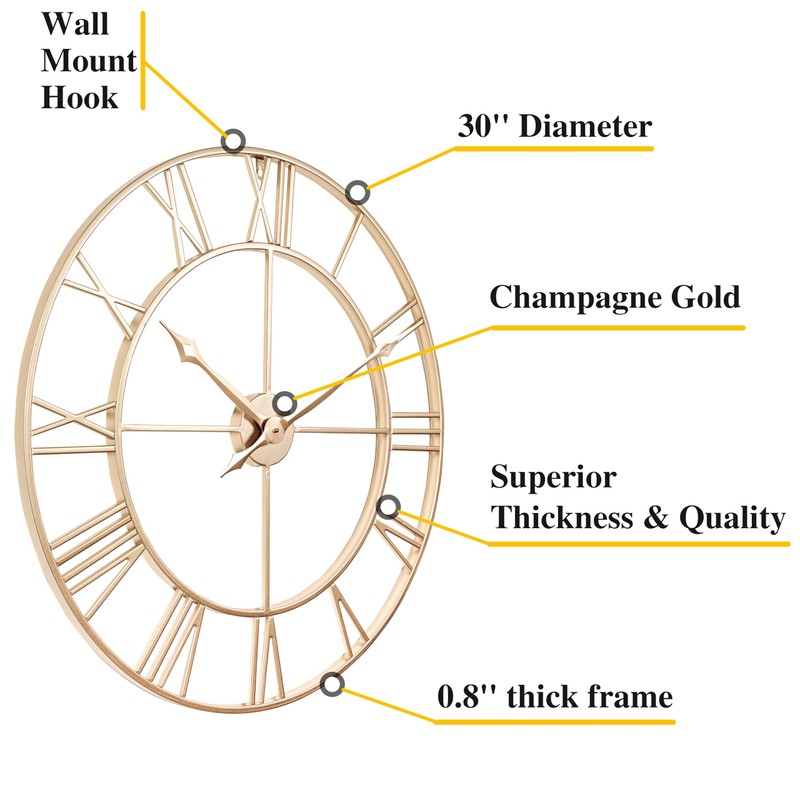 CLXEAST 30 Inch Wall Clock,Large Champagne Gold Metal Roman Numeral