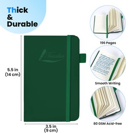 Tasalas Pocket Notebook Portable A6 Notebooks with Inner Pocket and Elastic Band - 80 GSM Lined Paper Notepad, 196 Pages (98 Sheets) Soft & Durable PU Leather Cover (Green)