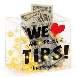 YLOLUL Light Up Tip Jar Acrylic Tip Box for Bartender Bars 6 X 5.4 X 4 Inch Tip Jar for Money Tip Collection Box Donation Suggestion Box Money Storage Container for Restaurants Musicians Driver (USB)