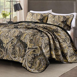 DJY Black Paisley Quilt Set Full Size Black Gold Boho Bedspread Coverlet Set 3 Pieces, Soft Lightweight Microfiber Paisley Floral Summer Quilt Bedding Set for All Season, 80"x90"