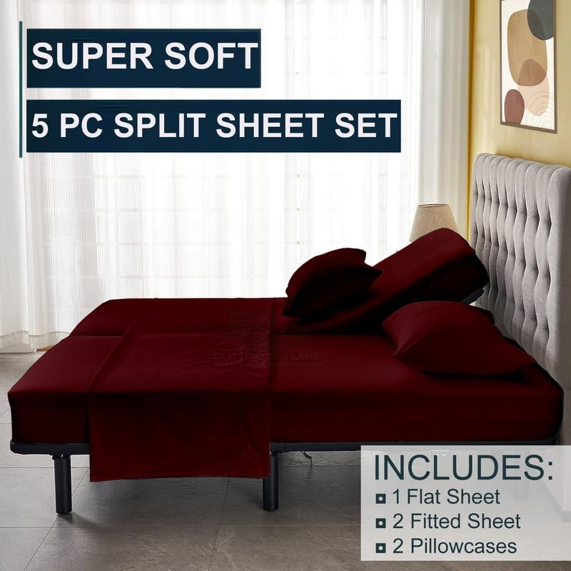 5 Piece Split Queen Sheets Sets for Adjustable beds -