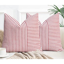 2 Pack Farmhouse Throw Pillow Covers 18 x 18 in, Red & Beige Patchwork Striped Linen Decorative Pillow Covers for Sofa Couch Chair Bedroom Modern Accent Cushion Covers (18x18, Red)