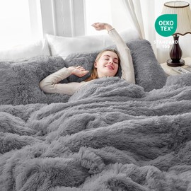 EMME Plush Shaggy Duvet Cover Set Twin Size Fluffy Fuzzy Comforter Cover Set for Twin Bed 2 Pieces Luxury Soft Bedding Duvet Covers (Grey, Twin)