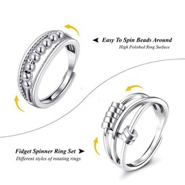 KEWUF 6 Pcs anxiety ring, anti stress ring, Angst Spinning Ringe für Damen, 925 Silber Damenringe, Offener Ringe Fidget Spinner Ringe, Zirkonia Zappelringe, Verstellbare Stapelbare für Stress Abbauen
