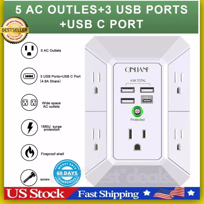 QINLIANF 5 Outlet Extender Surge Protector Multi Plug Wall Adapter