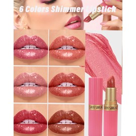 Sparkling Glitter Lipstick Set,6 Pcs Shimmer Nude Pink Brown Dark Rose Red Lip Gloss for Women Long Lasting Waterproof Metallic Diamond Shiny Lipstick Non-Stick Lipgloss Lip Color labiales Makeup Gift