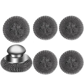 6PCS Stainless Steel Wire Scrubbers, Steel Wool Scrubbers with Handles for Washing Stubborn Debris Such as Cast Iron Pots, Grills, Stoves, Sinks (1 Scrubber +5 Scrubbers)