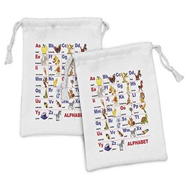 Ambesonne Cartoon Fabric Pouch Set of 2, Animals and Initial Letters Alphabet Themed Illustration Colorful Wording Print, Small Drawstring Bag for Toiletries Masks and Favors, 9" x 6", Multicolor