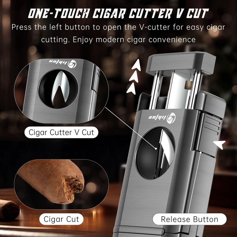 LIHTUN Multi-Function Cigar Torch Lighter - Built-in Cigar Holder &