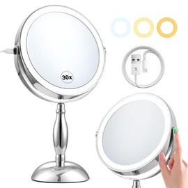DASLAVA 30x Magnifying Mirror, Lighted Makeup Mirror with 3 Colors Modes & Adjustable Brightness, 360° Rotation Double Side, Large Magnifying Vanity Mirror, Gifts for Women