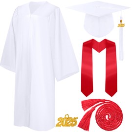 Syhood 4 Pieces 2025 Unisex Graduation Matte Gown Cap Tassel Stole Set Honor Cord for Graduation(Size 45,White,Red)