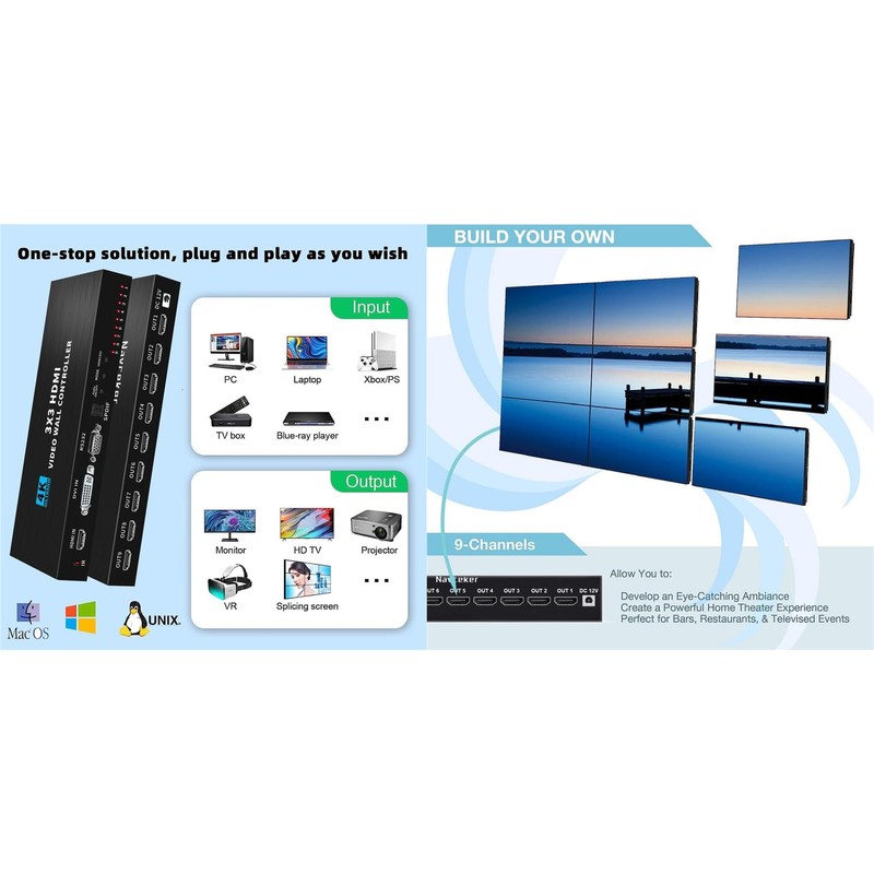 3x3 Video Wall Controller 4K HDMI DVI Input 1080P 3x3