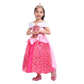 Girls Aurora Sleeping Beauty Princess Dress with Tiara,Pink Princess Fancy Dress 7-8years