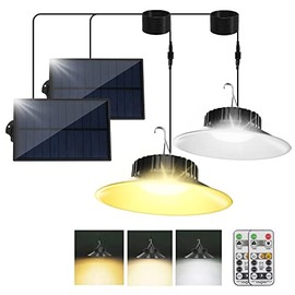 2Pack Solar Pendant Light Outdoor/Indoor, T-SUNUS Dimmable/Timing Solar Shed Lights with Remote Control, IP65 Waterproof Solar Lights with 9.84FT Cord for Garden Courtyard Barn Balcony Corridor Gazebo