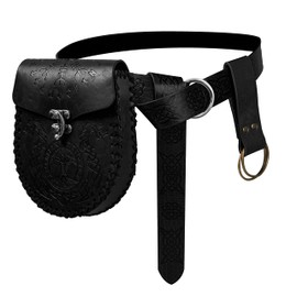ANTWASP Nordic Embossed Belt Pouch Retro Belt Vintage Portable Waist Bag Renaissance Belt Set Medieval Side Pack for Cosplay Accessories（Black)