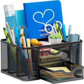 Marbrasse Mesh Desk Organiser, Pen Organiser with 2 Drawer, Multi-Functional Pencil Holder for Desk, Desk Organisers and Accessories with 5 Compartments + Drawer for Home Office Supplies (Black)