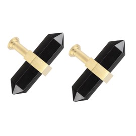 mookaitedecor Pack of 2 Black Obsidian Hexagon Double Crystal Dots Drawer Knobs Brass Drawer Handles, Gemstone Drawer Handles Pull Handle for Dresser Cupboard Kitchen Decor