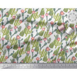 Soimoi White Cotton Voile Fabric Flower & Cactus Tree Printed Craft Fabric by The Yard 56 Inch Wide