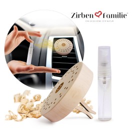 Zirben Familie® Original ZirbenScheiberl Autoduft | Holz-Clip Medaillon mit 5ml ZirbenSpray | natürlicher Auto Lufterfrischer aus Zirbenholz