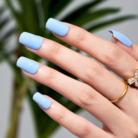 Wooyas Solid Color Press on Nails Handmade Press on Nails Medium Blue Fake Nail Set 24PCS Square Reusable Glue on Nail