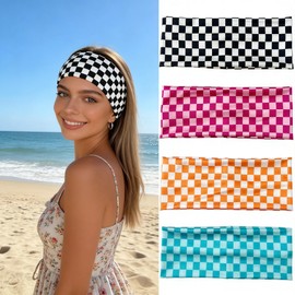 4 Pack Plaid Headbands for Women, Wide Checkered Head Bands for Women's, Wide Soft Stretchy Fabric Headbands, Cute Fashion Retro Hair Accessories for Daily Wear, Workout, Makeup, Cosplay