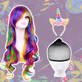 Women's Rainbow Long Curls Wig 26 Inches / 65 cm with Wig Cap and Unicorn Headband, Carnival Rainbow Wig Hair, Masquerade Unicorn Wig Women, Anime Full Wavy Wig for Cosplay