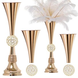 VIJIV 22" Gold Luxury Flower Vase for Wedding Centerpieces - Crystal-Embedded Tall Geometric Metal Vase for Feather, Rust-Resistant Table Decor for Gatsby Party/Reception/Hotel Floral Arrangements