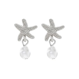 Starfish Pearl Earrings for Women Gold Silver Starfish Stud Earrings Sea Shell Pearl Dangle Earrings Summer Ocean Jewelry (Silver Style)