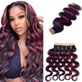 Body Wave Tape in Hair Extensions Human Hair Natural Black Balayage Burgundy Highlights Hair Extensions Real Human Hair 16 Inch 50g/pack 20pcs Tape in Hair Extensions Remy Human Hair Extensions