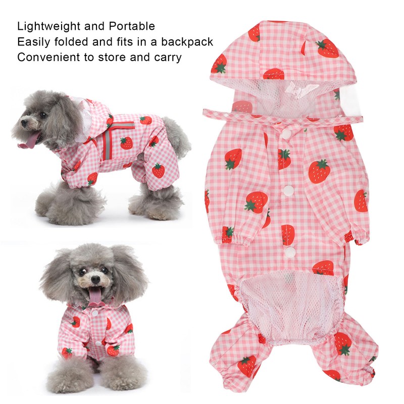 Dog Raincoat Hooded Reflective Breathable Lightweight Strawberry Patterns Puppy Rain