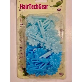 HairTech Gear Light and Dark Pastel Blue Mix of small daisy shaped hair barrettes, snaps, clip